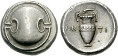 BOEOTIA, Thebes. Circa 395-338 BC. AR Stater (12.25 g). Anti-, magistrate. Struck circa 363-338 BC. Boeotian shield / Amphora; dolphin left above, AN-TI across field; all within incuse concave circle.