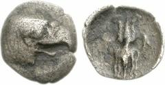 ELIS, Olympia. 97th-100th Olympiad. 392-380 BC. AR Obol (0.71 g, 9h). Eagle’s head right / Thunderbolt. Seltman, Temple pp. 53-4; BCD Olympia 333.3 (this coin); SNG Copenhagen 373-5. Fine, toned, mino