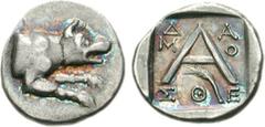 ARGOLIS, Argos. Circa 90-50 BC. AR Triobol (2.32 g, 4h). Damosthe-, magistrate. Forepart of wolf at bay right / Large A; Δ-A/M-O/ΣΘE around, palm frond below; all within incuse square. BCD Peloponneso