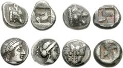LESBOS, Lot of AR and BI fractions. . Includes the following: Unattributed early mint (or Mytilene). Circa 500-450 BC. AR Diobol (1.58 g). Head of calf right / Quadripartite incuse square. Cf. BMC 50-