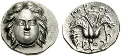 ISLANDS off CARIA, Rhodos. Rhodes. Circa 205-190 BC. AR Drachm (2.69 g, 12h). Gorgos, magistrate. Head of Helios facing / Rose with bud to right; ΓOPΓOY above, bow-in-bow case to left. Cf. Ashton 288;