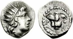 ISLANDS off CARIA, Rhodos. Rhodes. Circa 188-84 BC. AR Diobol (0.88 g, 12h). ‘Plinthophoric’ coinage. Radiate head of Helios right / Rose with bud to left; aphlaston to right. SNG Keckman 693-700 var.
