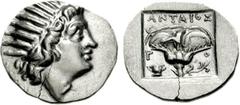 ISLANDS off CARIA, Rhodos. Rhodes. Circa 125-88 BC. AR Drachm (2.81 g, 11h). ‘Plinthophoric’ coinage. Antaios, magistrate. Radiate head of Helios right / Rose with bud to right; ANTAIOΣ above, kanthar