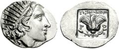 ISLANDS off CARIA, Rhodos. Rhodes. Circa 125-88 BC. AR Drachm (2.96 g, 12h). ‘Plinthophoric’ coinage. Teimokrates, magistrate. Radiate head of Helios right / Rose with buds to left and right; TEIMOKPA