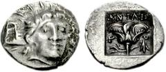 ISLANDS off CARIA, Rhodos. Rhodes. Circa 125-88 BC. AR Hemidrachm (1.36 g, 12h). ‘Plinthophoric’ coinage. Antaios, magistrate. Radiate head of Helios facing slightly right / Rose with bud to left; ANT