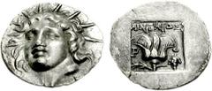 ISLANDS off CARIA, Rhodos. Rhodes. Circa 125-88 BC. AR Hemidrachm (1.28 g, 12h). ‘Plinthophoric’ coinage. Antaios, magistrate. Radiate head of Helios facing slightly left / Rose with bud to left; ANTA