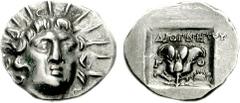 ISLANDS off CARIA, Rhodos. Rhodes. Circa 125-88 BC. AR Hemidrachm (1.33 g, 12h). ‘Plinthophoric’ coinage. Diognetos, magistrate. Radiate head of Helios facing slightly right / Rose with bud to left; Δ