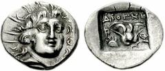 ISLANDS off CARIA, Rhodos. Rhodes. Circa 125-88 BC. AR Hemidrachm (1.41 g, 12h). ‘Plinthophoric’ coinage. Diognetos, magistrate. Radiate head of Helios facing slightly right / Rose with bud to right; 