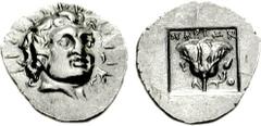 ISLANDS off CARIA, Rhodos. Rhodes. Circa 125-88 BC. AR Hemidrachm (1.35 g, 12h). ‘Plinthophoric’ coinage. Marion, magistrate. Radiate head of Helios facing slightly right / Rose with bud to right; MAP