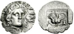 ISLANDS off CARIA, Rhodos. Rhodes. Circa 125-88 BC. AR Hemidrachm (1.38 g, 12h). ‘Plinthophoric’ coinage. Timokrates, magistrate. Radiate head of Helios facing slightly right / Rose with bud to left; 