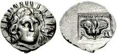 ISLANDS off CARIA, Rhodos. Rhodes. Circa 125-88 BC. AR Hemidrachm (1.21 g, 12h). ‘Plinthophoric’ coinage. Timokrates, magistrate. Radiate head of Helios facing slightly right / Rose with bud to left; 