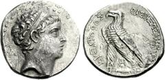 SELEUKID KINGS of SYRIA. Antiochos V Eupator. 164-162 BC. AR Tetradrachm (13.11 g, 1h). Ake-Ptolemaïs mint. Diademed head right; AB monogram behind / Eagle standing left on thunderbolt; palm frond to 