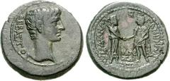 LYDIA, Sardis. Augustus. 27 BC-AD 14. Æ 20mm (5.27 g, 12h). Homonoia with Pergamum. Mousaios, magistrate. Bare head right / Tyche of Sardis standing right and Demos of Pergamum standing left, clasping