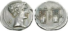 LYCIAN LEAGUE, Masicytes. Augustus. 27 BC-AD 14. AR Drachm (3.76 g, 12h). Series 6, struck circa 27-20 BC. Bare head right / Two citharas; bow between. RPC 3309; Troxell, Lycia 117.2 = SNG von Aulock 