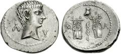 LYCIAN LEAGUE, Masicytes. Augustus. 27 BC-AD 14. AR Drachm (4.02 g, 12h). Series 6, struck circa 27-20 BC. Bare head right / Two citharas; palm in field between; owl above. RPC 3309; Troxell, Lycia 12