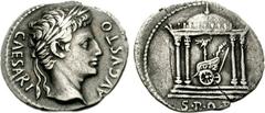 Augustus. 27 BC-AD 14. AR Denarius (3.623 g, 6h). Spanish mint - Tarraco. Struck 19-18 BC. Laureate head right / Temple of Mars Ultor: round-domed, tetra-style temple set on podium of three steps; wit