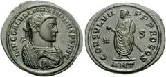 Maximinus II. AD 310-313. Æ Follis (6.52 g, 11h). Antioch mint, 6th officina. Circa AD 310-311. IMP C GAL VAL MAXIMINVS P F AVG, laureate and mantled facing bust, head right, holding mappa / CONSVL VI
