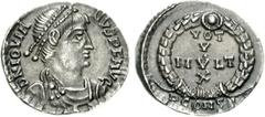 Jovian. AD 363-364. AR Reduced Siliqua (1.66 g, 6h). Arelate (Arles) mint, 1st officina. Struck AD 363-364. Pearl-diademed, draped, and cuirassed bust right / VOT/V/MVLT/X in four lines within wreath;