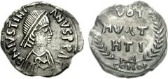 Justinian I. 527-565. AR Siliqua (1.12 g, 8h). Carthage mint . Struck 534-565. Diademed, draped, and cuirassed bust right / VOT/MV • LT/HTI in three lines within wreath; CONOS. DOC 280.4; cf. MIBE 51 