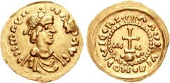 MEROVINGIANS, Marseille. Circa 600-620. AV Solidus of 21 Siliquae (3.85 g, 6h). Fourth phase, group 8 (pseudo-imperial coinage). Struck in the name of Maurice Tiberius. D N mΛV •• • CR PP ΛVC, pearl-d