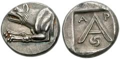 ARGOLIS, Argos. Circa 330-270 BC. AR Triobol (13mm, 2.72 g). Forepart of a wolf at bay left / Large A; three crescents in a circle below; all within incuse square. BCD Peloponnesos 1093 (this coin); S