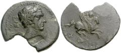 CORINTHIA, Corinth. Julius Caesar. 44/3 BC. Æ As (25mm, 5.78 g). L. Aeficius Certus and C. Iulius, duoviri. Laureate head of Julius Caesar right; c/m: uncertain / Bellerophon on Pegasus right, hurling