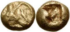 Greek IONIA, Uncertain. Circa 650-600 BC. EL Myshemihekte – Twenty-fourth Stater (5.5mm, 0.60 g). Lydo-Milesian standard. Crude chimaira(?) right on striated background / Incuse square. Cf. Linzalone 