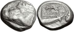 Greek LYCIA, Phaselis. Circa 500-440 BC. AR Stater (19mm, 11.02 g, 12h). Prow of galley left in the form of a forepart of a boar / Stern of galley right within incuse square. Heipp-Tamer Series 4, Emi