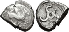 Greek DYNASTS of LYCIA. Khinakha. Circa 440/30-400 BC. AR Stater (19.5mm, 9.82 g). Uncertain mint (possibly Limyra). Pegasos flying right; monogram below; all on raised disc / Large triskeles; conjoin