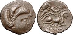 Celtic GAUL, Northwest. Coriosolites. Circa 100-50 BC. BI Stater (21mm, 6.65 g, 3h). Class I. Celtic head right, hair in large spiral curls, S-like ear / Celticized rider on horseback right; [square o