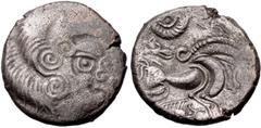 Celtic GAUL, Northwest. Coriosolites. Circa 100-50 BC. BI Stater (20mm, 6.14 g, 9h). Class I. Celtic head right, hair in large spiral curls, S-like ear / Celticized rider on horseback right; [square o