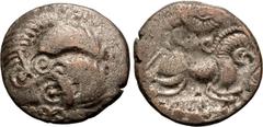 Celtic GAUL, Northwest. Coriosolites. Circa 100-50 BC. BI Stater (19.5mm, 6.55 g, 2h). Class I. Celtic head right, hair in large spiral curls, S-like ear / Celticized rider on horseback right; [square