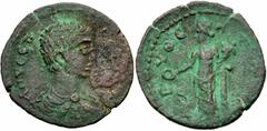 Roman Provincial LACONIA, Gythium. Geta. As Caesar, AD 198-209. Æ Assarion (22mm, 4.99 g, 3h). Struck circa AD 202-205. Bareheaded, draped, and cuirassed bust right / Tyche standing left, holding pate