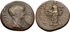 Roman Provincial LYDIA, Blaundus. Nero. AD 54-68. Æ (19mm, 4.42 g, 12h). Tiberius Claudius Calligenes, magistrate. Struck circa AD 55. Bareheaded and draped bust right / Apollo standing facing, head r