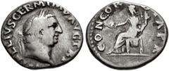 Roman Imperial Vitellius. AD 69. AR Denarius (18mm, 3.2 g, 6h). Rome mint. Struck circa late April–20 December. Laureate head right / Concordia seated left, holding patera and cornucopia. RIC I 90; RS