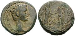 LYDIA, Sardis. Augustus. 27 BC-AD 14. Æ 17mm (4.80 g, 12h). Homonoia with Pergamum. Mousaios, magistrate. Bare head right / Tyche of Sardis standing right and Demos of Pergamum standing left, clasping