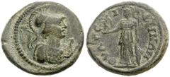 LYDIA, Thyateira. Pseudo-autonomous issue. 2nd century AD. Æ 21mm (4.68 g, 7h). Helmeted bust of Athena right, wearing aegis, holding spear over shoulder / Athena standing left, holding Nike, shield, 