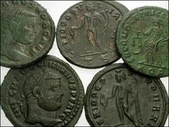 ROMAN. Imperial. Æ of the 3rd-4th centuries AD. Includes: all folles. Diocletian // Galerius, as Caesar (3) // Galerius, as Augustus. Various mints. VF condition, green and brown patinas, some roughne