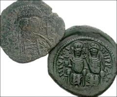 BYZANTINE. Early. Æ of Justinian I and Justin II. Includes: JUSTINIAN I. Æ Half Follis. Carthage mint. Helmeted and cuirassed bust facing / Large K; cross above; S O below; date flanking. SB 264 // JU