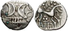 CELTIC, Britain. Iceni . Anted. Circa AD 1-25. AR Unit (13mm, 1.17 g). Two outline crescents back-to-back on a central band; two pellets between / Celticized horse right; ‘daisy’ above, pellets and mo
