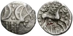 CELTIC, Britain. Iceni . Anted. Circa AD 1-25. AR Unit (13mm, 1.15 g). Two outline crescents back-to-back on a central band; two pellets between / Celticized horse right; ‘daisy’ above, pellets and mo