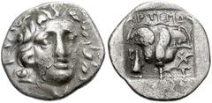 ISLANDS off CARIA, Rhodos. Rhodes . Circa 170-150 BC. AR Hemidrachm (13mm, 1.41 g). ‘Plinthophoric’ coinage. Artemon, magistrate. Radiate head of Helios facing slightly right / Rose with bud to right;