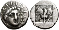 ISLANDS off CARIA, Rhodos. Rhodes . Circa 170-150 BC. AR Hemidrachm (12mm, 1.39 g). ‘Plinthophoric’ coinage. Dexikrates, magistrate. Radiate head of Helios facing slightly right / Rose with bud to rig