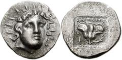 ISLANDS off CARIA, Rhodos. Rhodes . Circa 125-88 BC. AR Hemidrachm (14mm, 1.37 g). ‘Plinthophoric’ coinage. Antaios, magistrate. Radiate head of Helios facing slightly right / Rose with bud to right; 