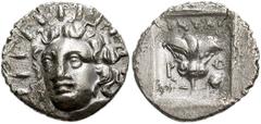 ISLANDS off CARIA, Rhodos. Rhodes . Circa 125-88 BC. AR Hemidrachm (14mm, 1.21 g). ‘Plinthophoric’ coinage. Antaios, magistrate. Radiate head of Helios facing slightly left / Rose with bud to left; bu