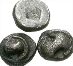 GREEK. Central & Southern Greece. AR of Boeotia, Thebes. All coins: AR Tetartemorion. Circa 480-460 BC. Boeotian shield / Archaic Θ in incuse square. BCD Boiotia 360. All VF condition, toned and light