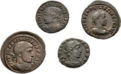 Large Lots ROMAN. Imperial. Lot of four (4) bronze issues from Constantine I to Delmatius. Includes: Constantine I. Æ Follis // Crispus. Æ Follis // Constantius II. Æ Follis // Delmatius. Æ. VF to Goo