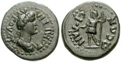 LYDIA, Silandus. Domitia. Augusta, AD 82-96. Æ 16mm (2.49 g, 6h). Draped bust right / Mên standing left, holding pine cone and scepter. RPC 1354; SNG Copenhagen -. Near VF, dark green-brown patina.