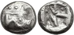 Greek LYCIA, Phaselis. Circa 530-500 BC. AR Stater (19.5mm, 10.93 g). Prow of galley right, terminating in a boar's forepart / Rough tripartite incuse square. Heipp-Tamer series 3, em. 1a, 25 (V14/R25