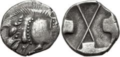 Greek LYCIA, Uncertain. Circa 520-470/60 BC. AR Third Stater (15.5mm, 2.74 g). Forepart of boar left / Incuse square; raiused rectangless protruding from two opposite sides, raised X within. Falghera 